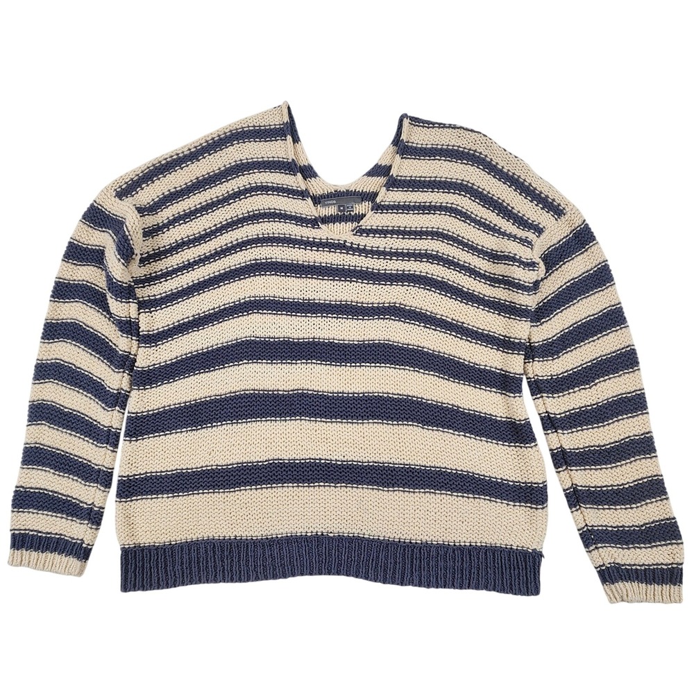 Vince Striped V Neck Sweater M Navy Cream Chunky Knit Nautical Quiet Luxury